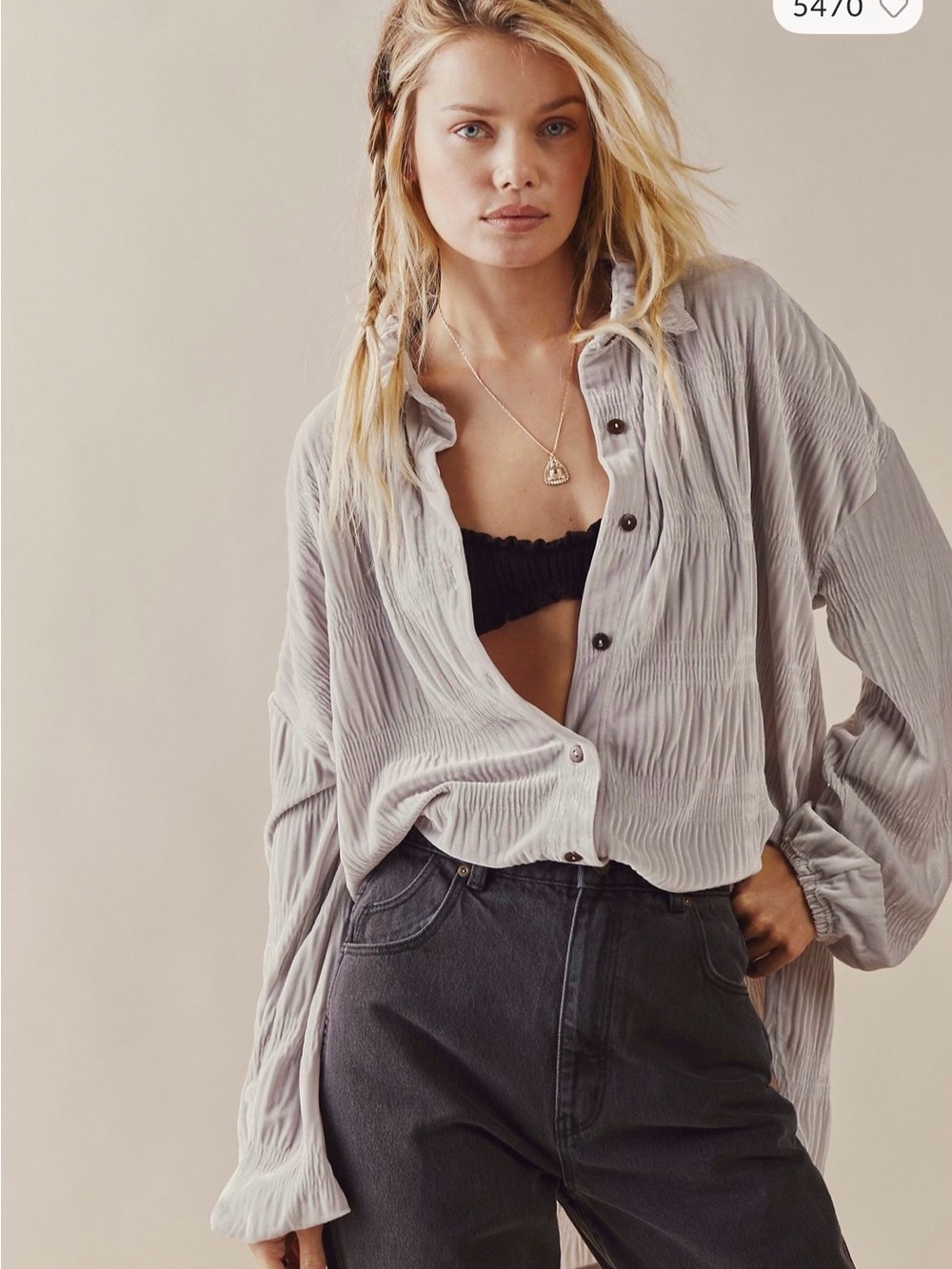 Free People Light Grey Velvet Shimmer Crinkle Button-Up Shirt